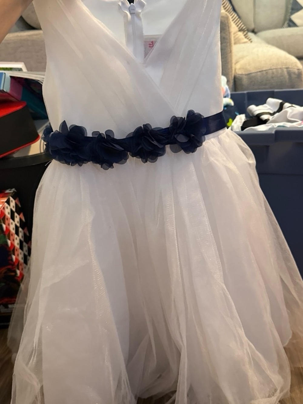 White Girls' Tulle Party Dress with Navy Floral Belt- Bottom underlay Frayed